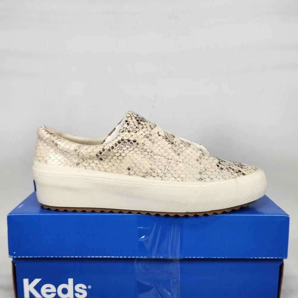 Keds Remi Leather Sneaker Womens Size 6.5 Creme Snakeskin Print Platform Shoes